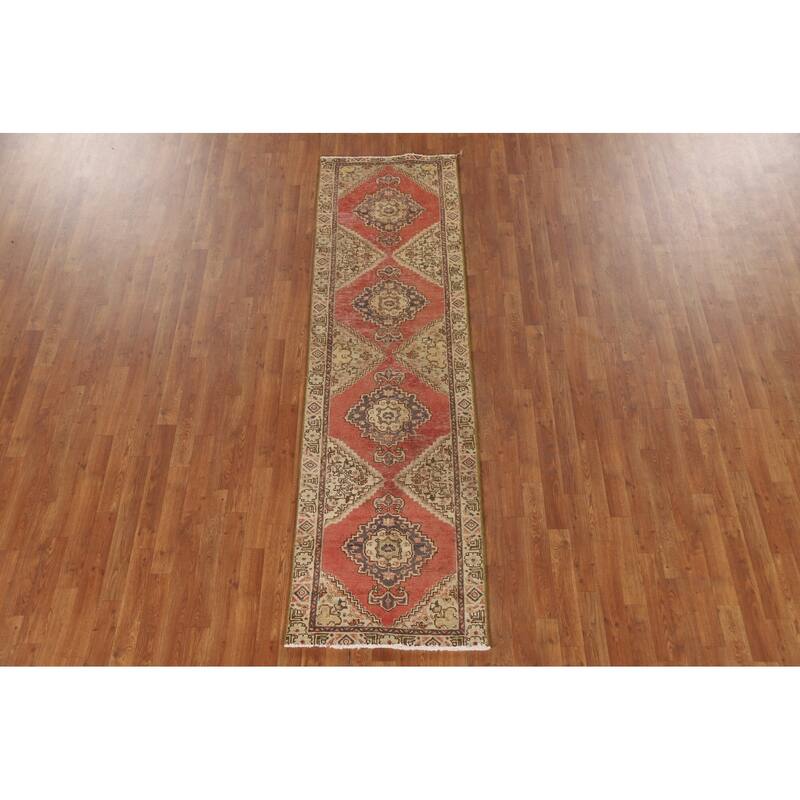 Geometric Tabriz Persian Vintage Runner Rug Handmade Wool Carpet - 2'4"x 8'6"