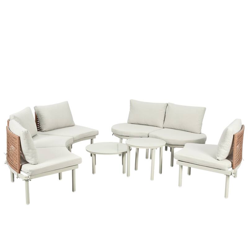 8-Piece Patio Sofa Furniture Set, Half Moon Sectional Sofa with 2 High-Low Coffee Tables, 6 Pillows & Cushions