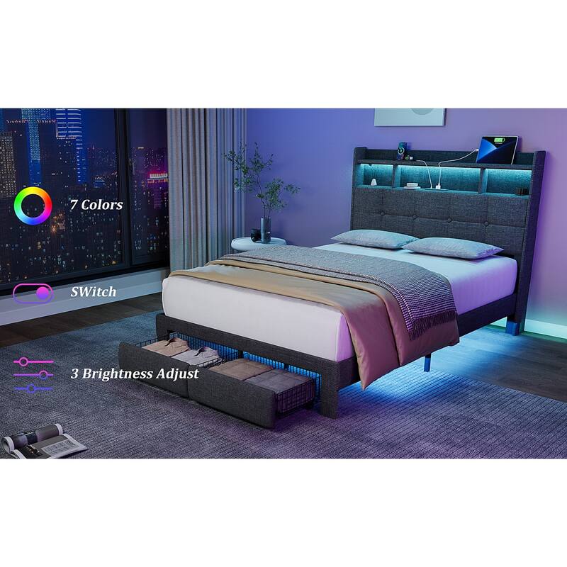 King Size Upholstered Platform Bed with LED Lights, Charging Station & Storage Headboard, No Box Spring Needed