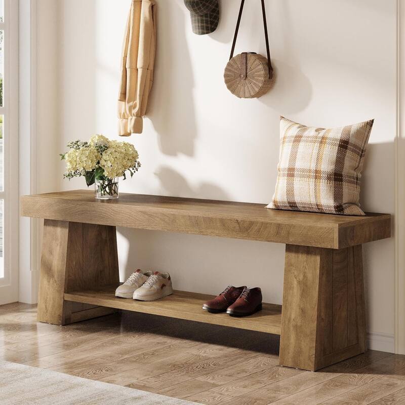 63" Wooden Entryway Bench with Storage Shelf, Extra Long Bench, Hallway Bench for Living Room, Bedroom, Kitchen