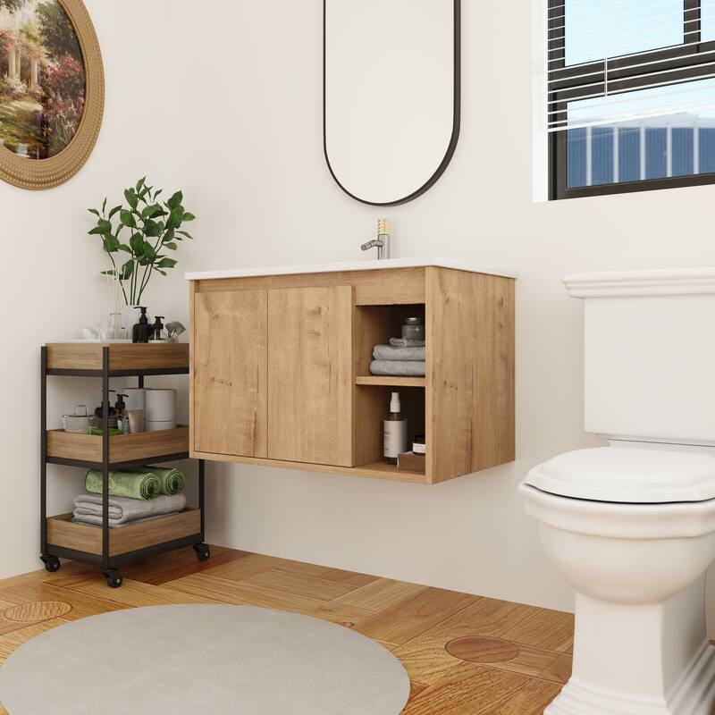 BNK 20"/24"/30" Single Sink Bathroom Vanity with Soft Close Door or Right Side Shelves, Modern Floating Vanity