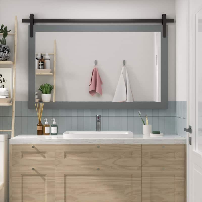 Rustic Farmhouse Rectangle Wood Frame Wall Mirror for Bathroom Vanity