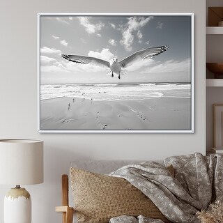 Designart "Grey Beach Seagulls In Flight I" Animals Framed Wall Decor ...