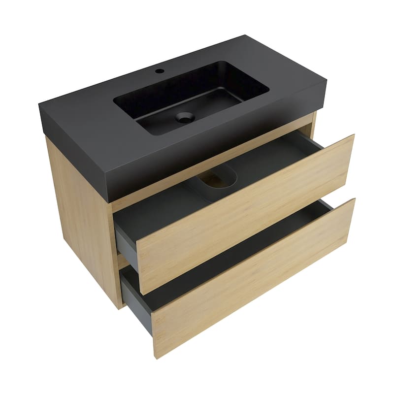 Floating Bathroom Vanity with Black Solid Surface Top