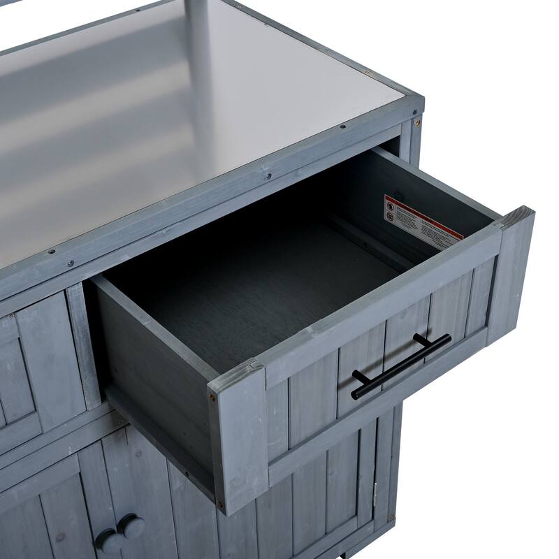 Solid Wood 64.9''Tall Outdoor Kitchen Island Kitchen Cart, Garden Potting Bench with Stainless Table Top for BBQ