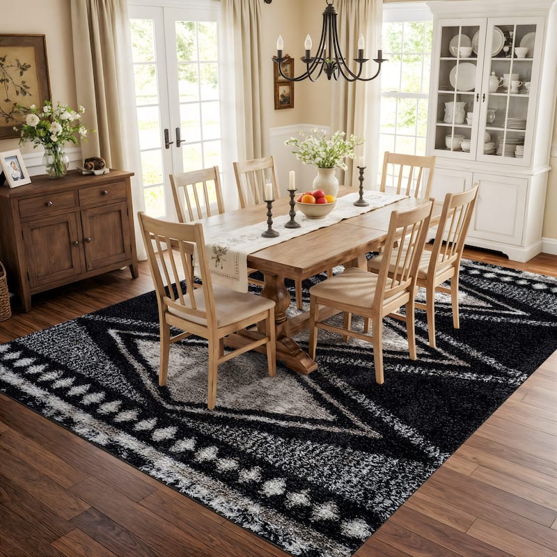 Geometric Grid Shag Rug - Anthracite Dark Gray - Medium Pile - Durable for Living Room, Bedroom, or Entryway