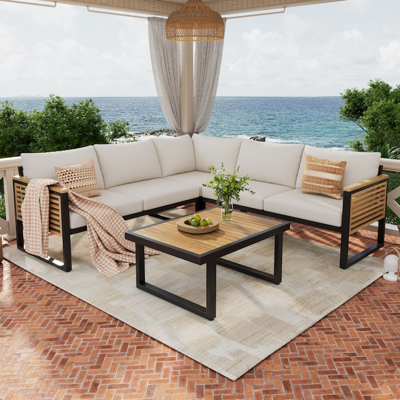 Christopher Knight Home - Adrian Outdoor 4-Piece Acacia Wood and Metal Patio Sectional Sofa Corner Set - Teak Finish+Black+Beige