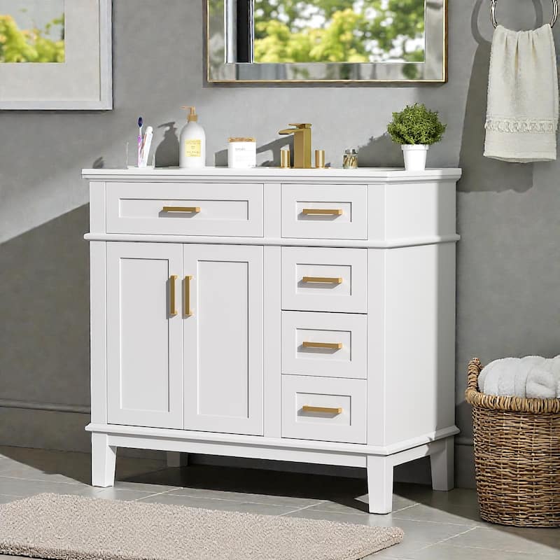 36 Inch White Bathroom Vanity with Ceramic Sink, Modern Freestanding Cabinet with Soft Close Doors and 4 Drawers
