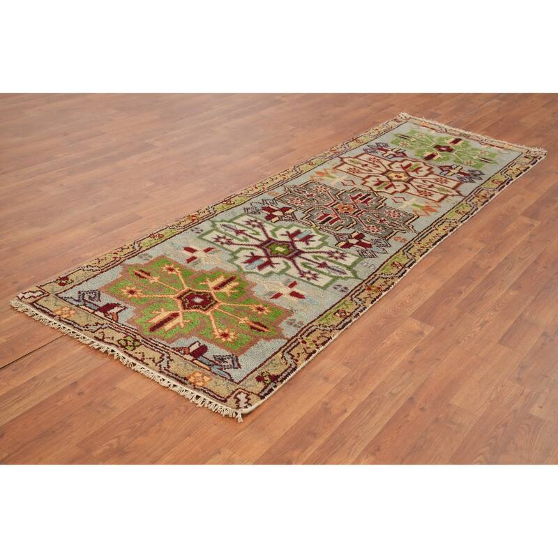 Hand-knotted Traditional Wool Grey Geometric Area Rug Oriental Carpet - 8' 0'' X 2' 6''