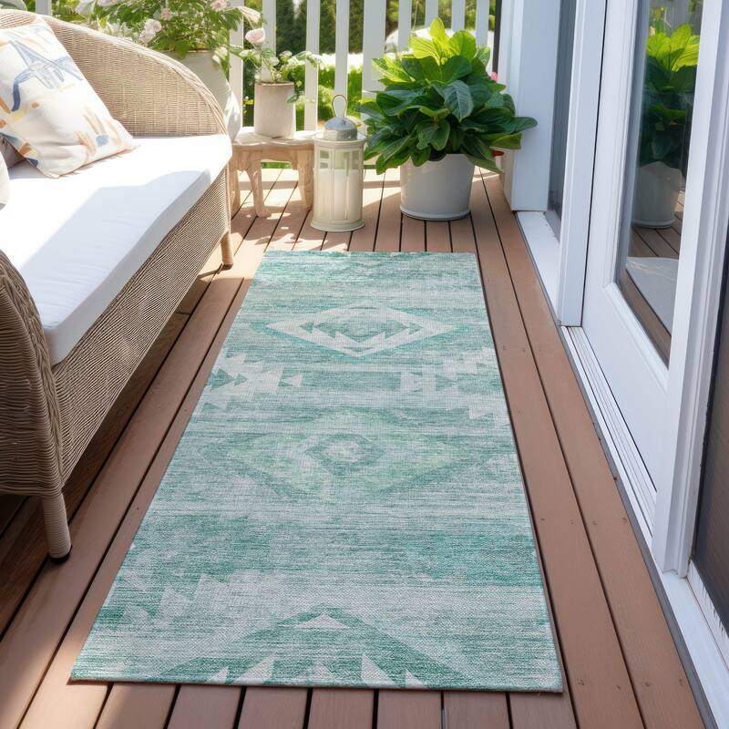 Machine Washable Indoor/ Outdoor Chantille Boho Tribal Rug - Aqua - 2'3" x 7'6"