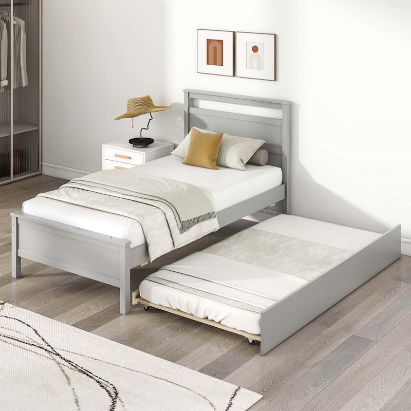 Costway Twin Size Platform Bed with Trundle Pull-out Trundle Headboard