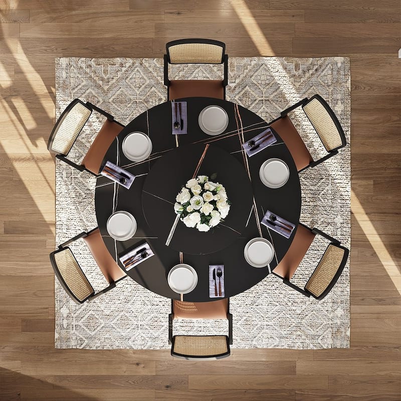 Modern Round White Dining Table，Sintered Stone Tabletop, Solid Black Carbon Steel Base