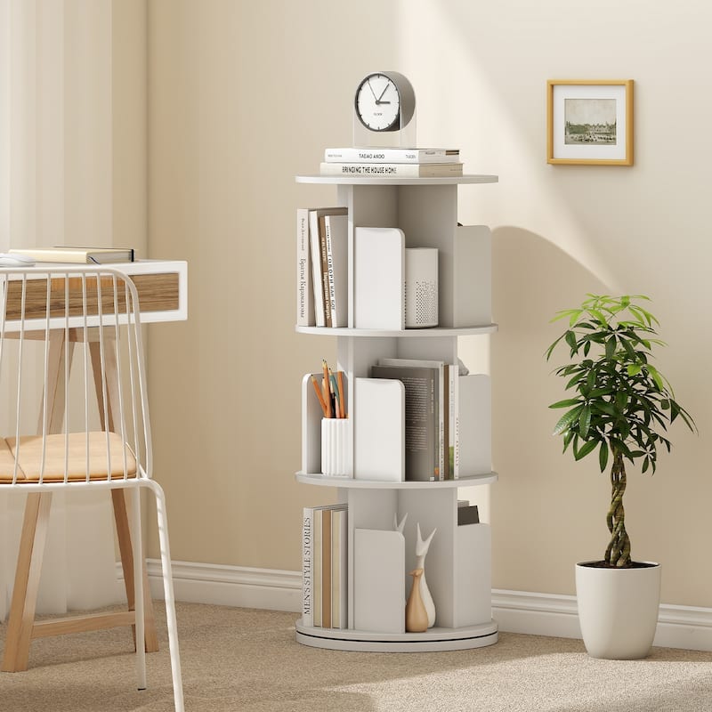 Space-Saving 3-Tier Rotating Bookshelf Storage Rack Tower with Divided Shelves Ideal for Photos or Decor - 15.5" x 15.5" x 38.5"
