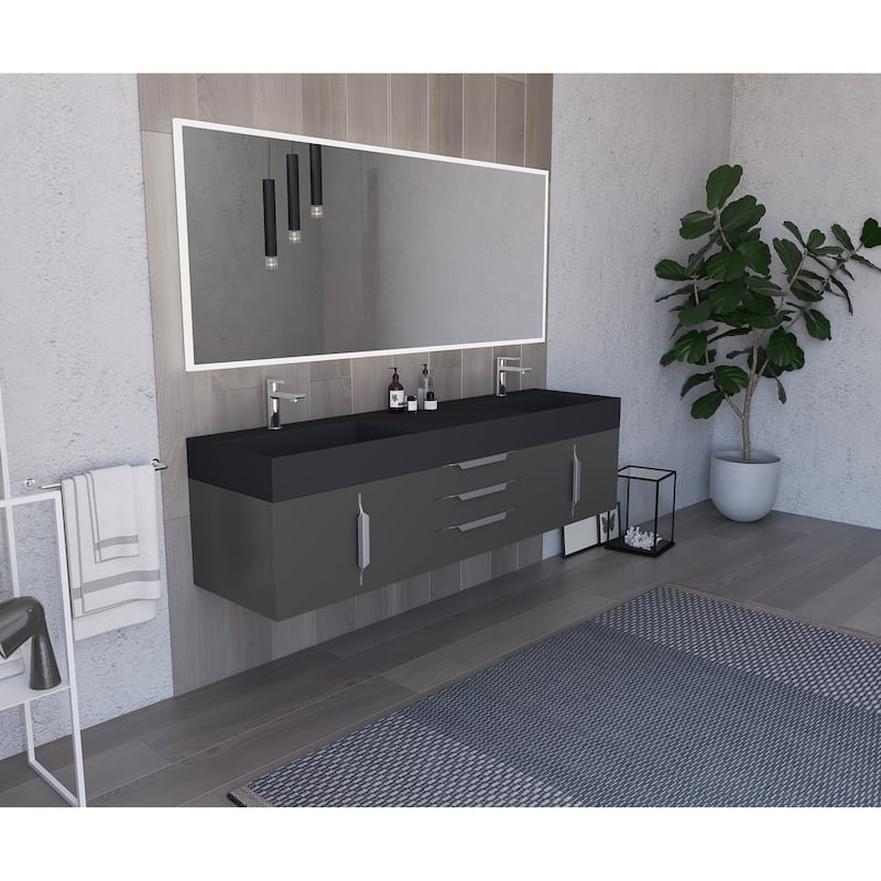 Amazon 72" Wall Mounted Bathroom Vanity Set w/ Black Top