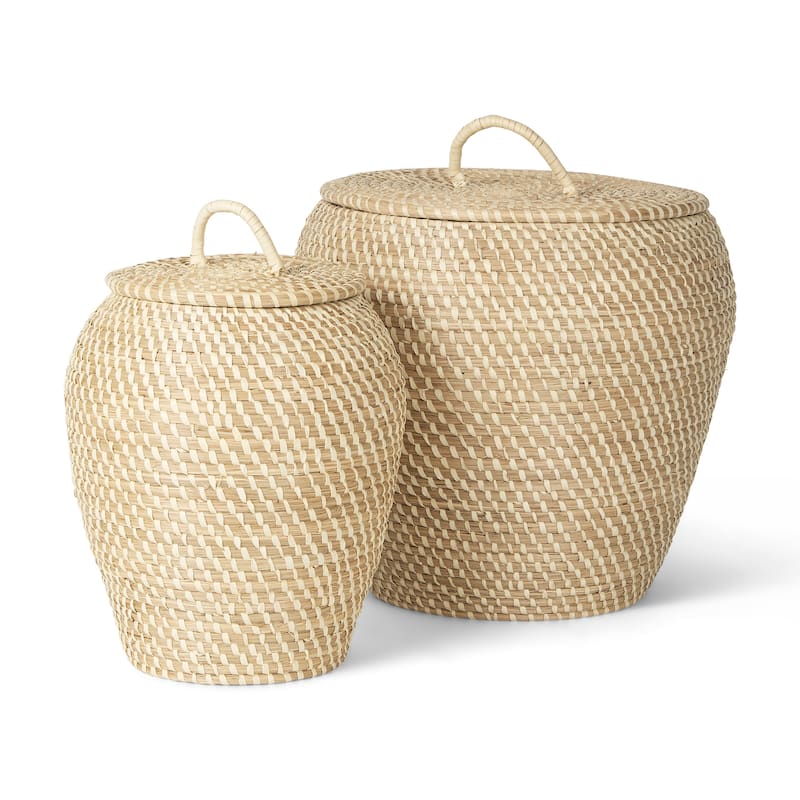 Kalopa Set of 2 Seagrass Floor Baskets w/ Flat Handled Lid - 18.1L x 18.1W x 17.3H - 18.1L x 18.1W x 17.3H