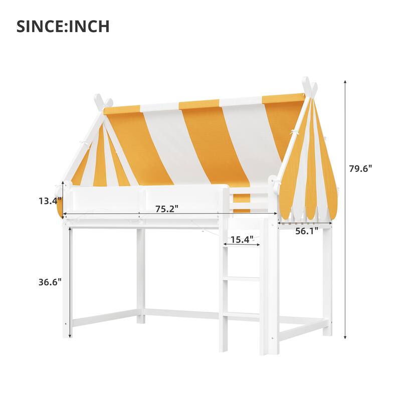 GDFStudio - BrightNest Modern Wooden Loft Bed with Canopy, LED Lights and Bookshelf