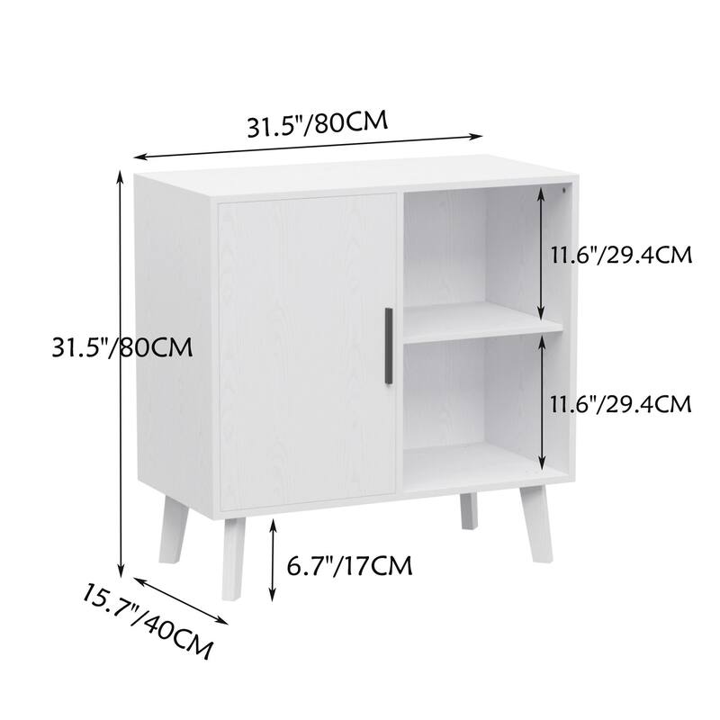 Modern Accent Storage Cabinet with Solid Wood Legs, White Patterned Door and Shelves for Dining Room or Hallway