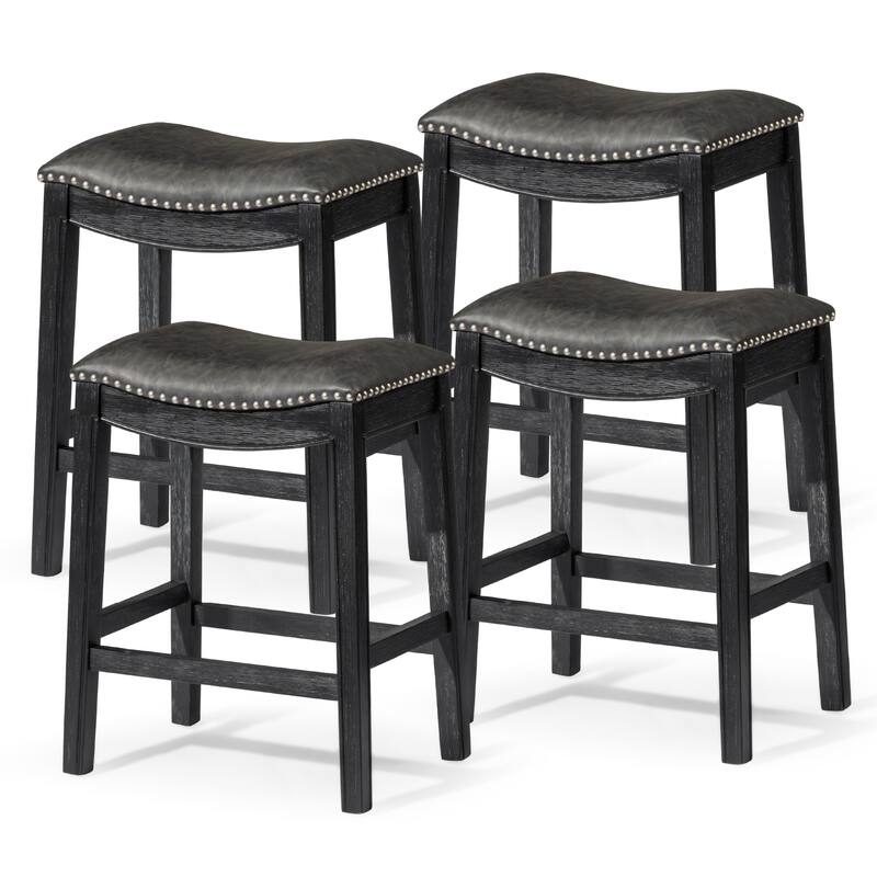 Maven Lane 26" Adrien Saddle Kitchen Counter Height Stool - Aged Black Vegan Leather - Set of 4