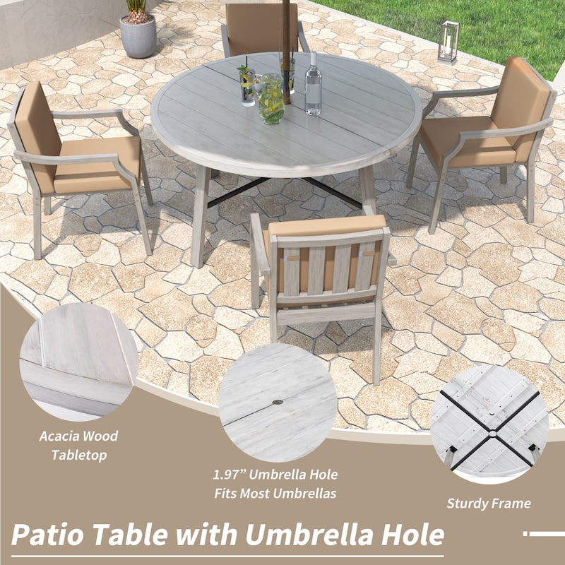 4-Person Outdoor Wooden Dinning Set with 1 Umbrella Hole & Removable Cushions
