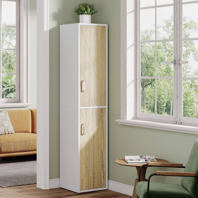 75.39" White/ Nature Wooden Bathroom Cabinet with Doors and Shelves