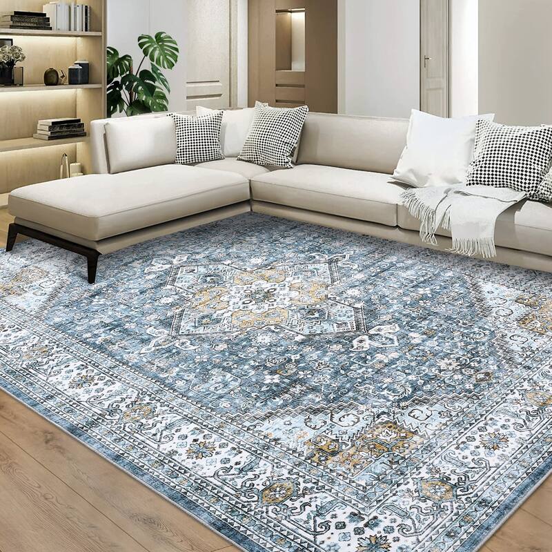 Washable Rug Vintage Medallion Area Rugs for Living Room Bedroom, Non-Skid Low Pile Floral Rug Soft Foldable Rug