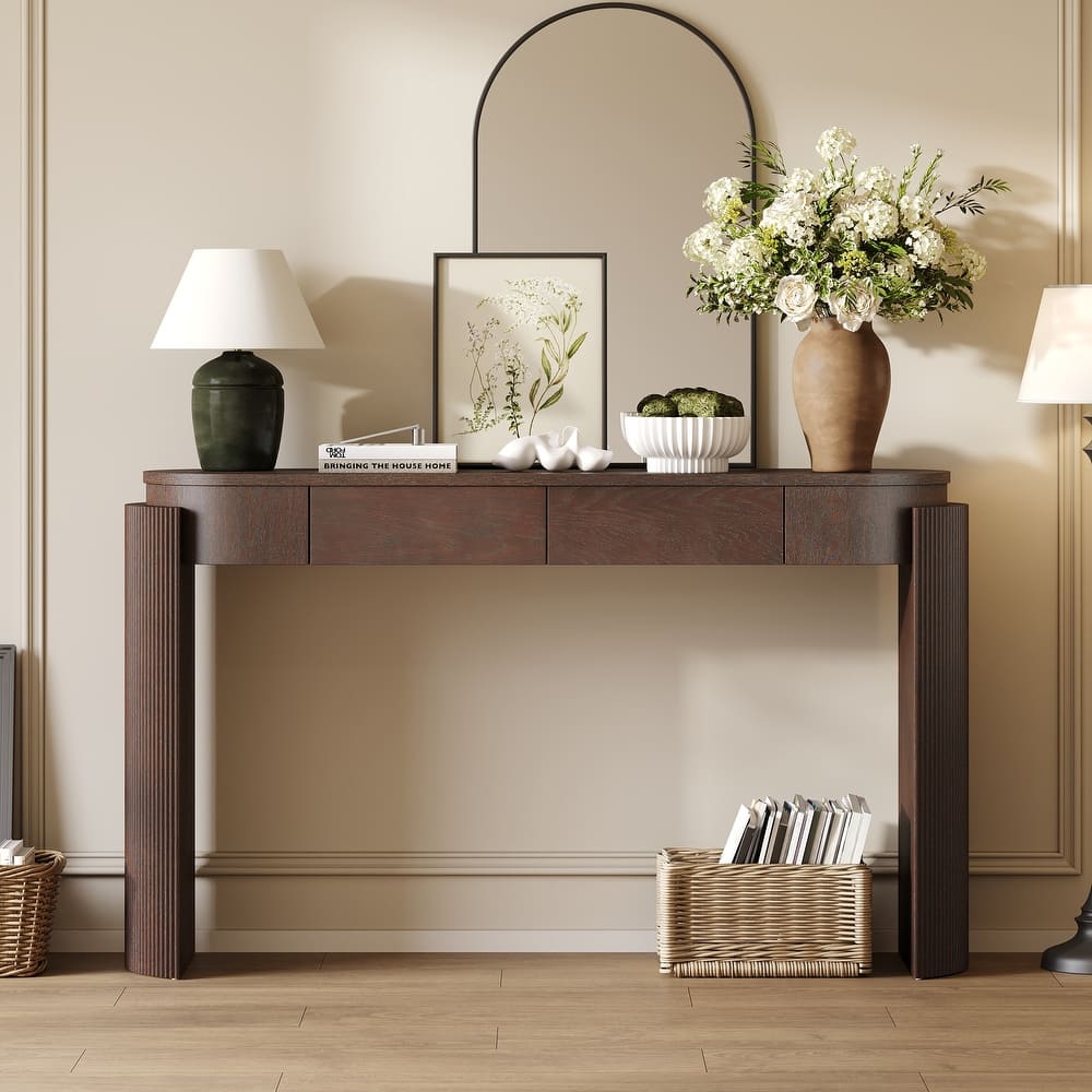 Entryway Table With Natural Wood Grain Finish, Console Table With Fluted Design,Oval Top And 2 Drawers
