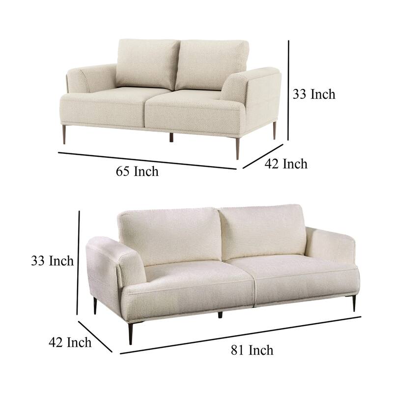 Batty Sofa and Loveseat Set, Modern White Chenille, Adjustable Back