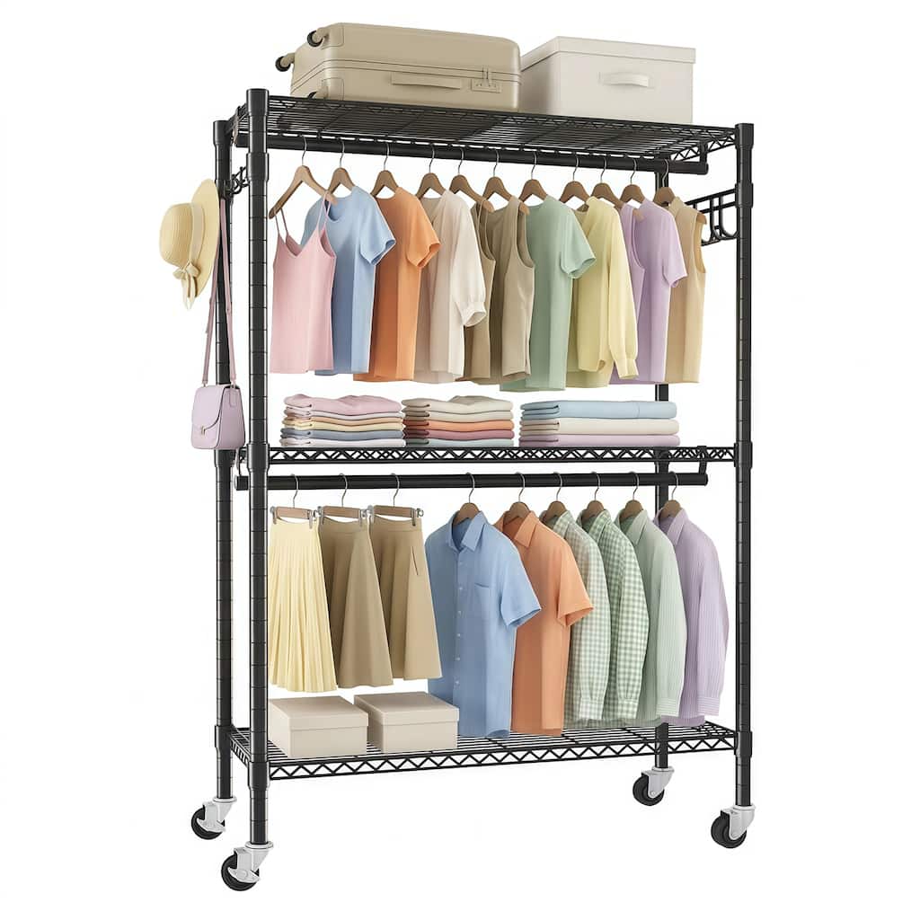 Rolling Heavy Duty Clothes Rack with Wheels, 3 Tiers Adjustable Wire Shelving Garment Rack with 2 Clothes Rods and Side Hooks