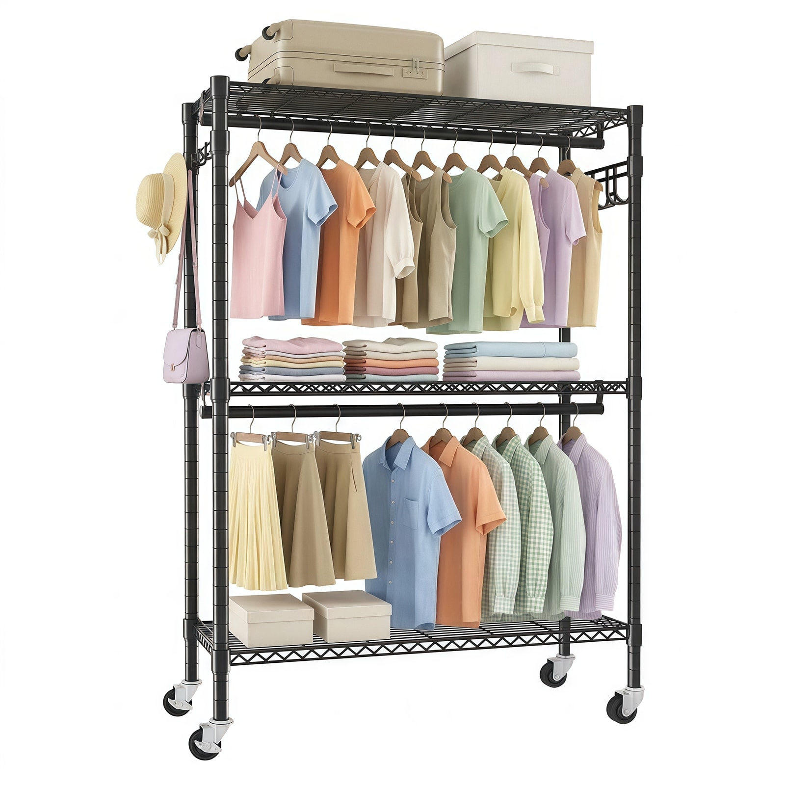 Rolling Heavy Duty Clothes Rack with Wheels, 3 Tiers Adjustable Wire Shelving Garment Rack with 2 Clothes Rods and Side Hooks