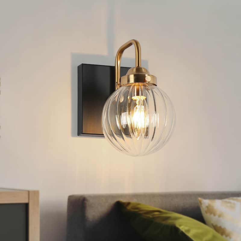 Modern 2-Light Black Gold Bathroom Vanity Light Ribbed Glass Wall Sconce - 1-Light