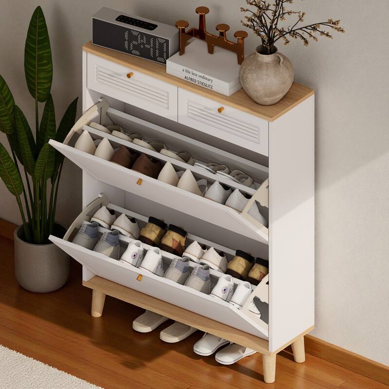 31.5" Narrow Shoe Cabinet with 2 Flip Doors and 2 Drawers, Modern Freestanding Shoe Storage Organizer with Wood Legs