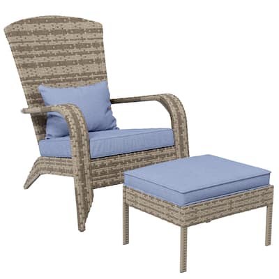 High Back,Large Seat and Armrests,Outsunny Patio Wicker Adirondack Chair with Ottoman,Outdoor Fire Pit Chair with Cushions