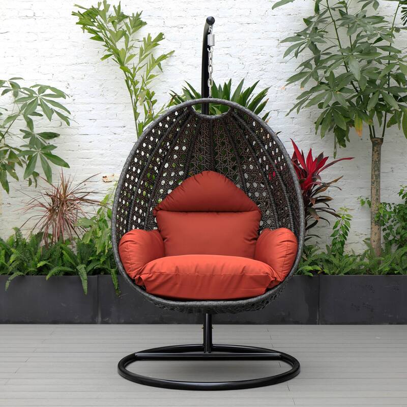 LeisureMod Charcoal Single Seater Rattan Wicker Egg Swing Hanging Chair for Indoor Outdoor Patio Porch Backyard Garden