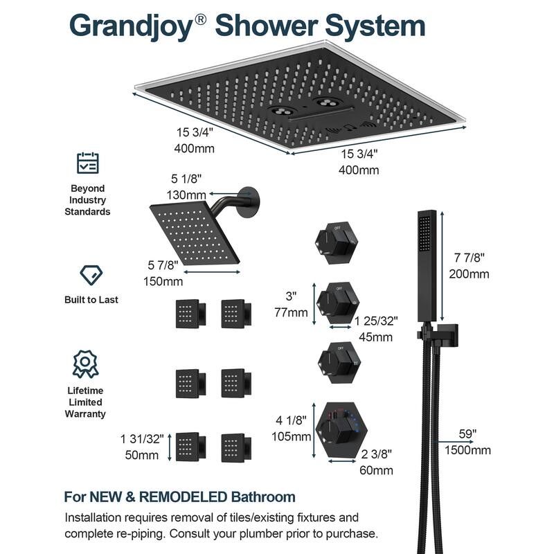GRANDJOY LED Music Shower System 16" & 6" Dual Shower Heads with 6 Body Jets