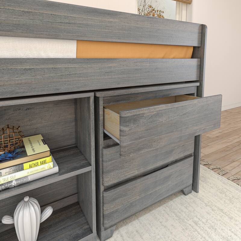 Max and Lily Farmhouse Twin Low Loft with Dresser and Bookcase