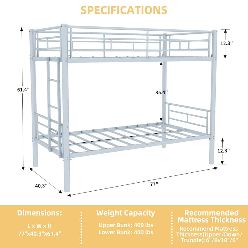 Roomfitters Twin Over Twin Metal Bunk Bed for Kids Boys Girls, Metal Structure Bedframe with Ladders & Guardrail