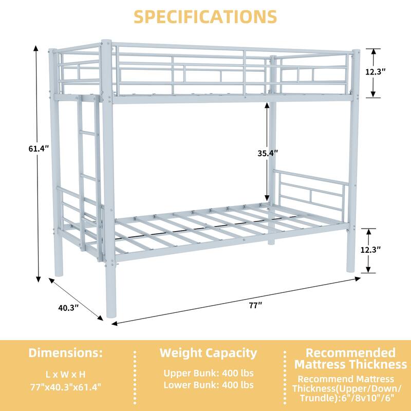 Twin Over Twin Metal Bunk Bed with Ladder and Guardrail, Convertible to 2 Separate Beds, No Box Spring Required