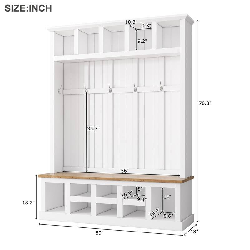 78''H Modern Hall Tree with Bench,13 Compartments and 6 Hooks