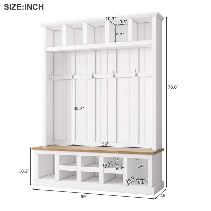 Wide Hall Tree with Shoe Storage Bench, Entryway Shoe Cabinet with 13 Compartments, Elegant Coat Rack w/ 6 Hooks & Shoe Cubbies