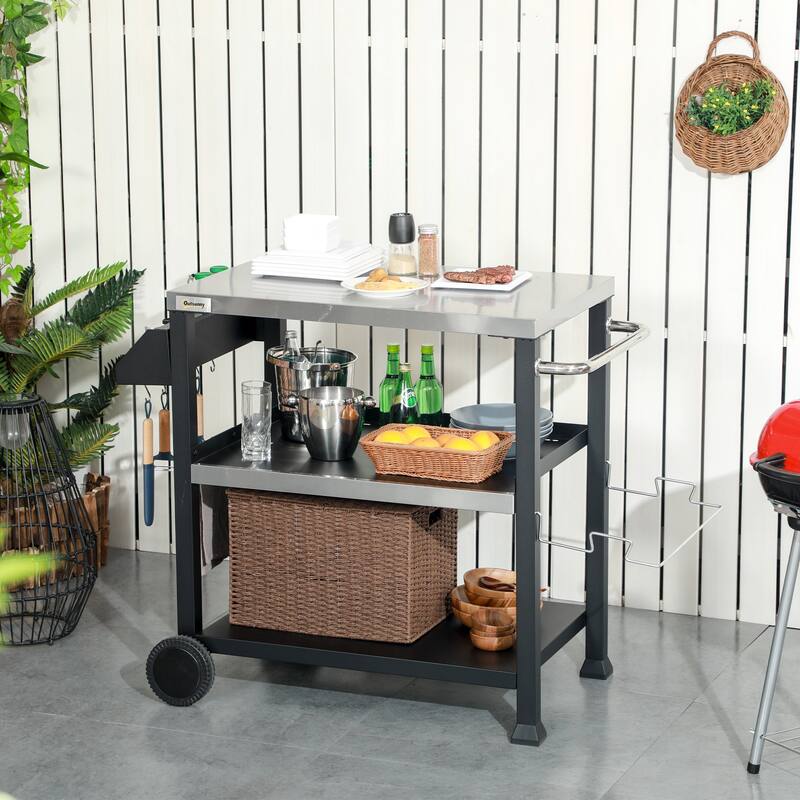 Outsunny Three-Shelf Outdoor Grill Cart with Stainless Steel Tabletop, Side Handle, 32" x 20.5" Multifunctional Pizza Oven Stand - Kitchen Cart - Black
