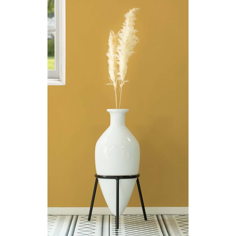 Antique Style Vase, Old Fashioned Amphora, Tall Unique Vase on Slim Black Metal Tripod Stand, 32-Inch-Tall White Vase