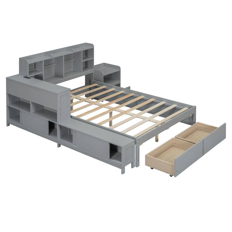 Full Size Wooden Platform Bed with Storage Headboard, Integrated Desk, Nightstand, and USB Ports for Modern Living