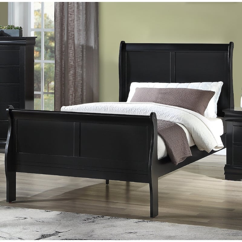 Twin Size Solid Wood Sleigh Bed with Louis Philippe Style - Black