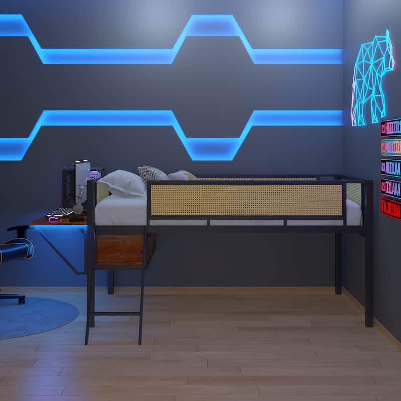 Metal Loft Bed With Desk and LED Lights,Twin/Full Size