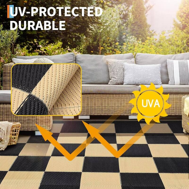Outdoor Rug Checkerboard Geometric Plaid Pattern, Waterproof Plastic Straw Rug, UV Resistant Foldable Outdoor Rug