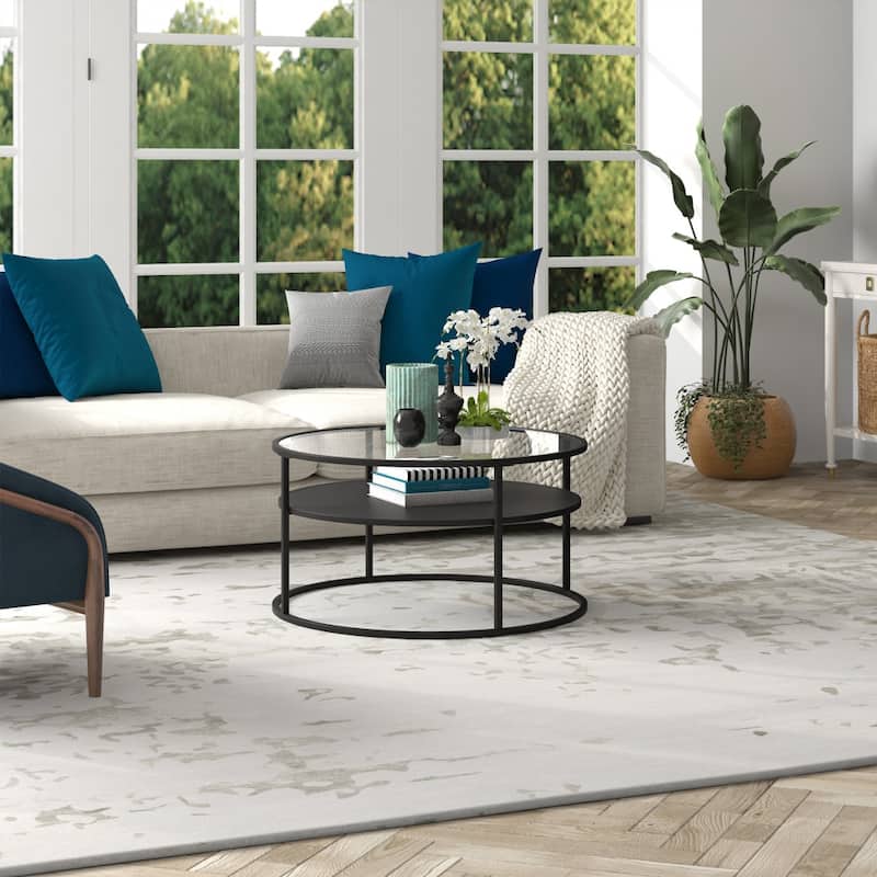 32" Black Glass Round Coffee Table with Steel Base and Storage Shelf - 32” x 32” x 17”