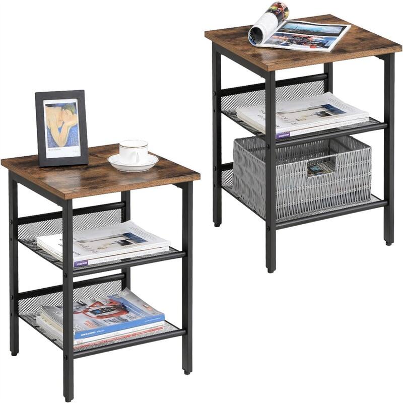 Nightstand Set of 2 Side Tables - Rustic Brown + Black 2-Pack