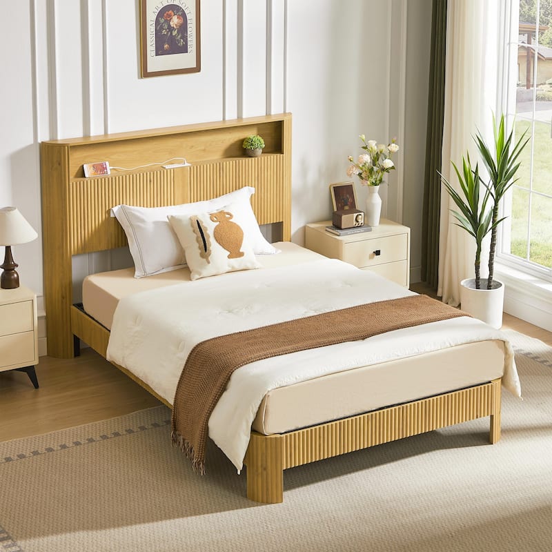 Full XL Bed Frame with Storage Headboard, Charging Station, Wavy Design, Silent Operation, Metal Support, Natural
