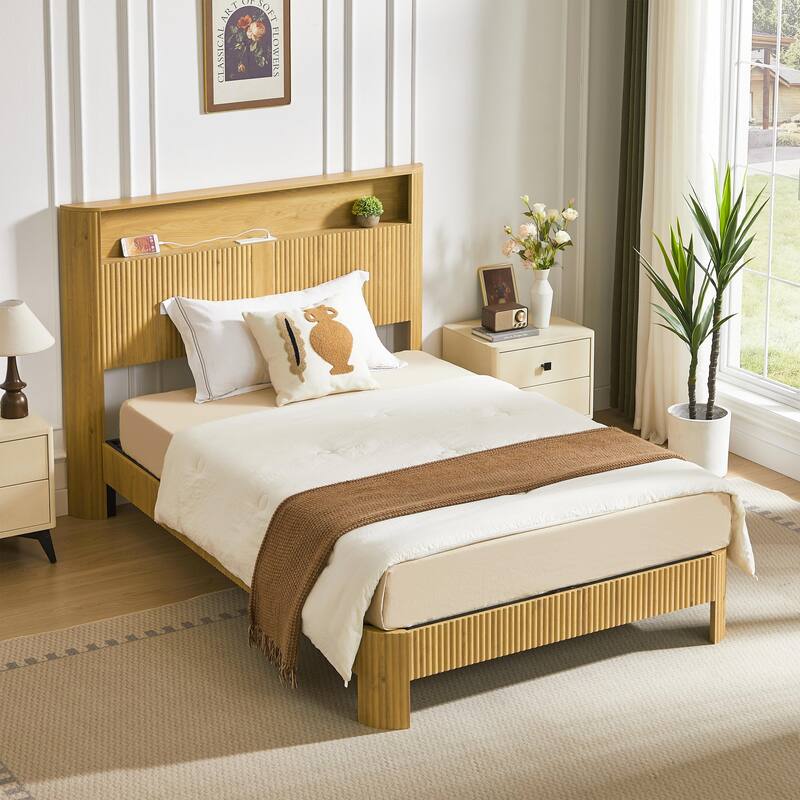 Wooden Bed Frame with Metal Slat, Noise Free, Modern Low Profile Platform Bed with Storage Headboard and Charging Station - Natural - Full