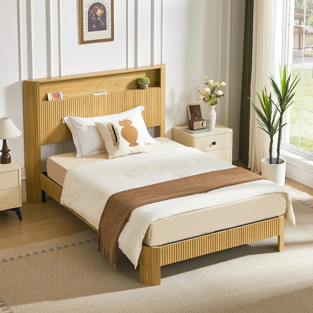 Wooden Bed Frame with Metal Slat, Noise Free, Modern Low Profile Platform Bed with Storage Headboard and Charging Station